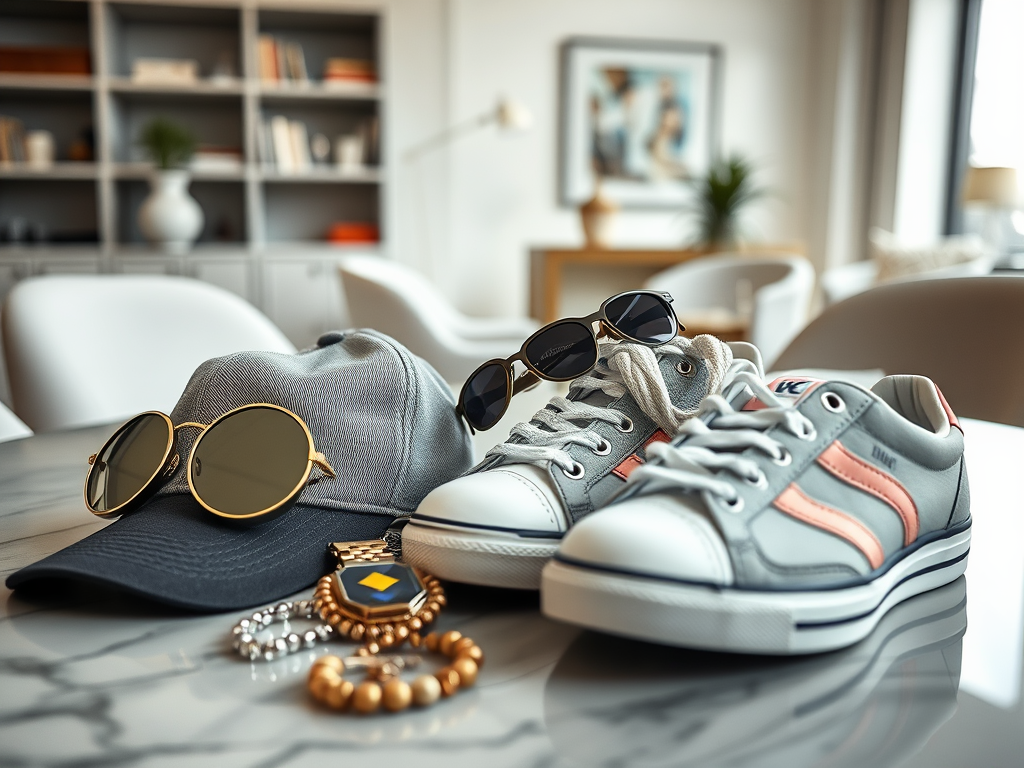 Accessoires de mode : une casquette, des lunettes de soleil, des baskets et des bijoux sur une table moderne.