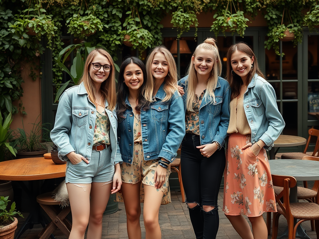 Cinq jeunes femmes souriantes posent ensemble, vêtues de vestes en jean, dans un cadre fleuri.