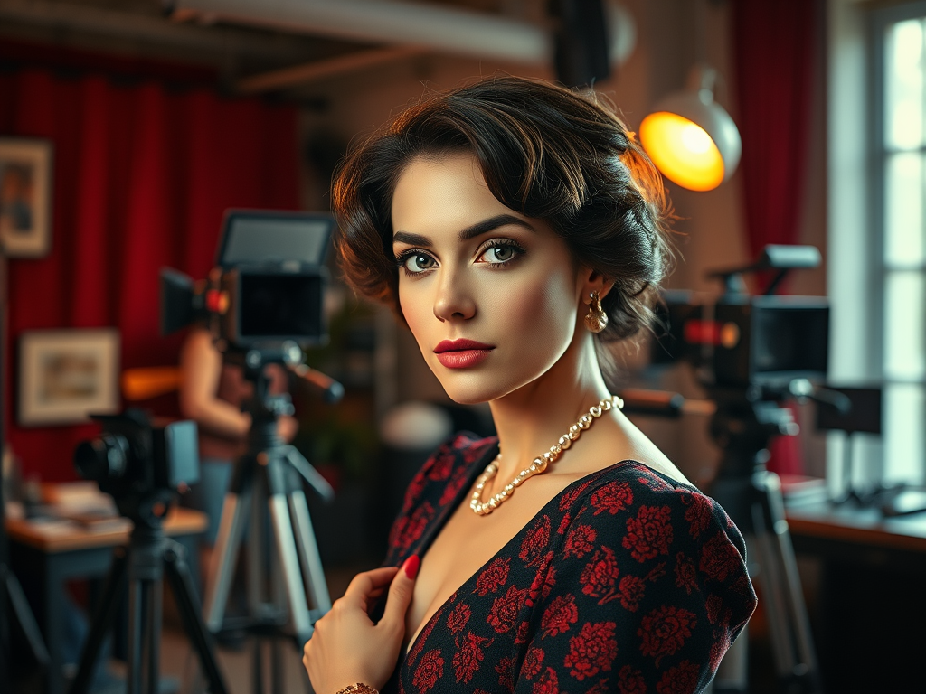 Une femme élégante avec des perles, regardant la caméra dans un studio avec des équipements de tournage.