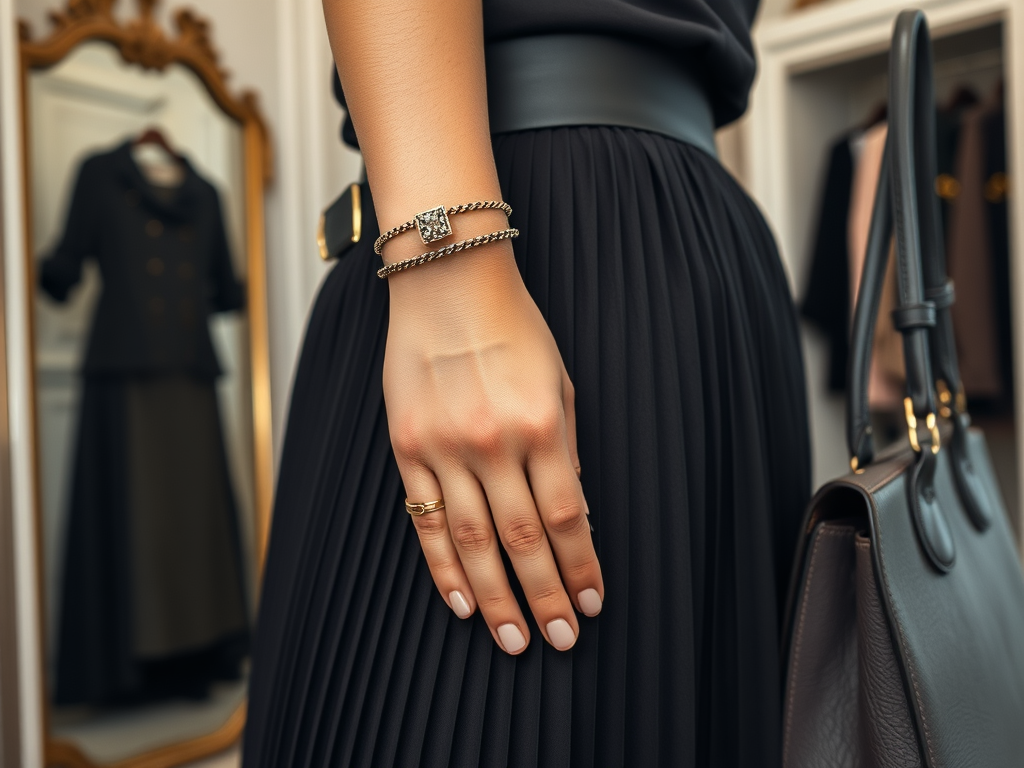 Une main féminine avec des bracelets accrocheurs, tenant un sac à main noir, devant un miroir et une robe élégante.