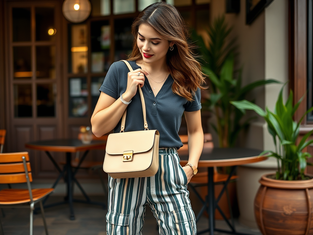 Une femme souriante porte un haut bleu et un sac beige, avec un fond de plantes et de meubles de café.