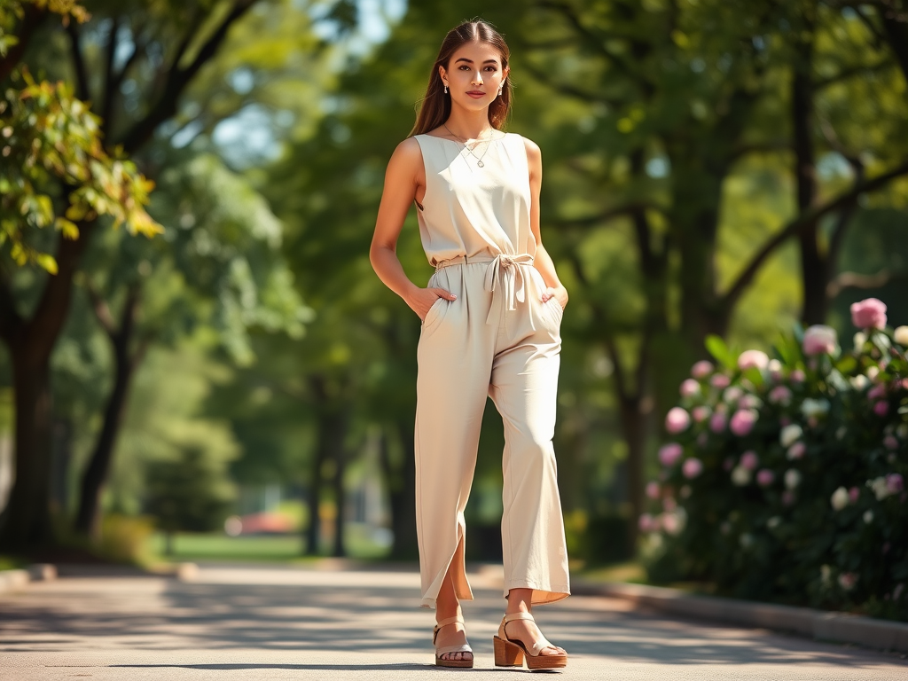 Une femme souriante porte une combinaison beige et pose dans un parc avec des fleurs entourant le chemin.