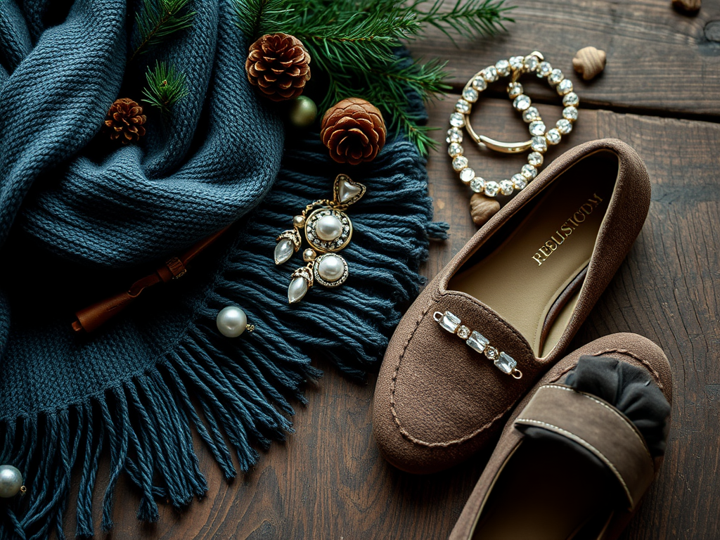 Une écharpe bleue, des bijoux élégants, des chaussures en daim et des éléments naturels sur un fond en bois.