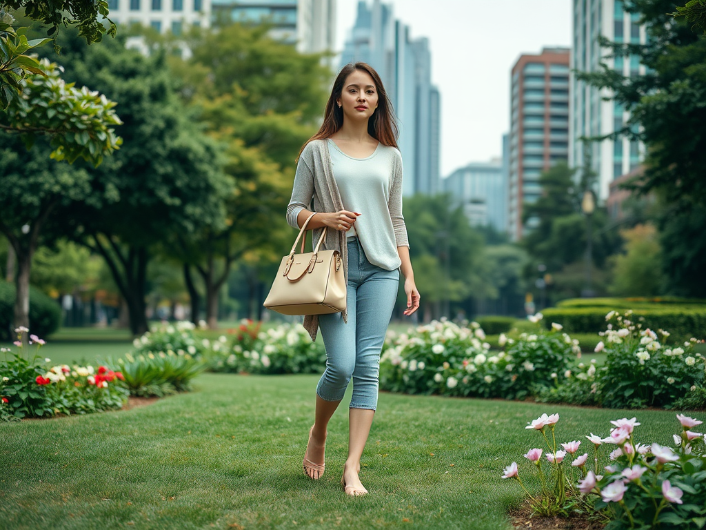 Une femme marche dans un parc, portant un sac à main, entourée de fleurs et de bâtiments en arrière-plan.