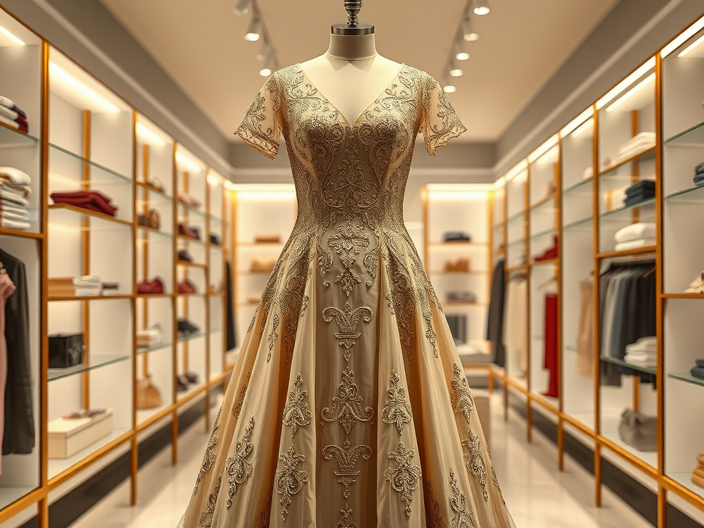 Une robe élégante ornée de broderies, exposée dans une boutique moderne, entourée de vêtements.