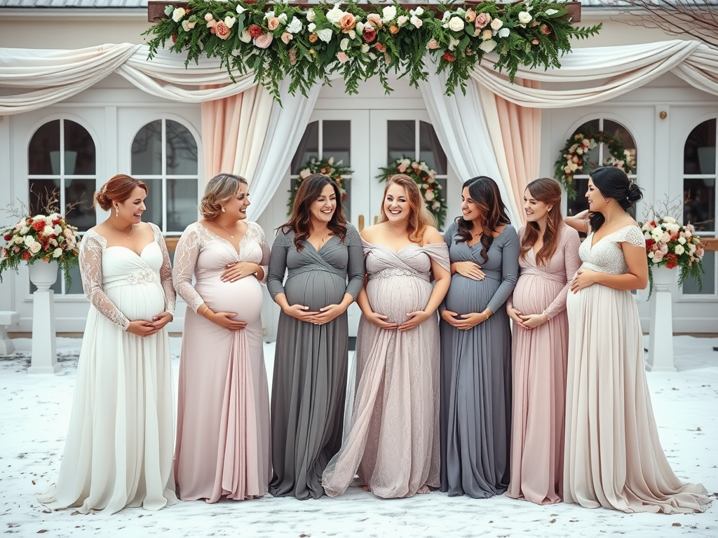 Sept femmes enceintes en robes élégantes, souriant dans un cadre décoré de fleurs, sur un sol enneigé.