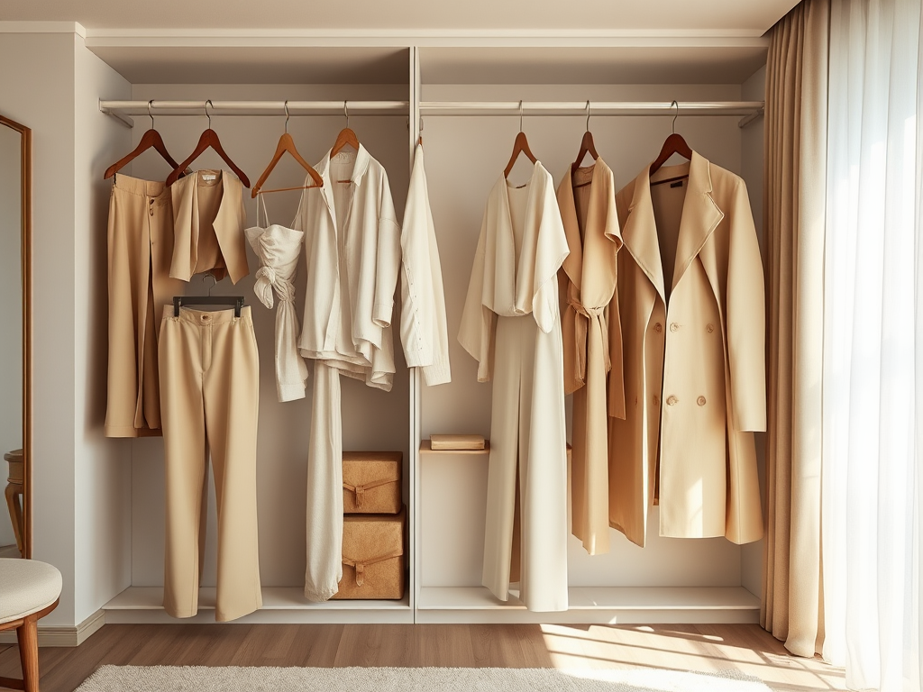 Armoire élégante avec des vêtements beiges et blancs, incluant pantalons, robes et manteaux suspendus.