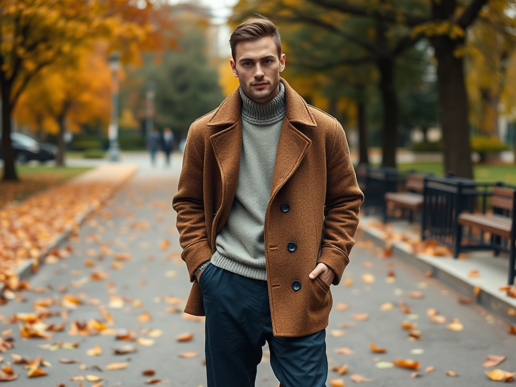 Un homme élégant porte un manteau marron et un pull, marchant dans un parc aux feuilles d'automne.