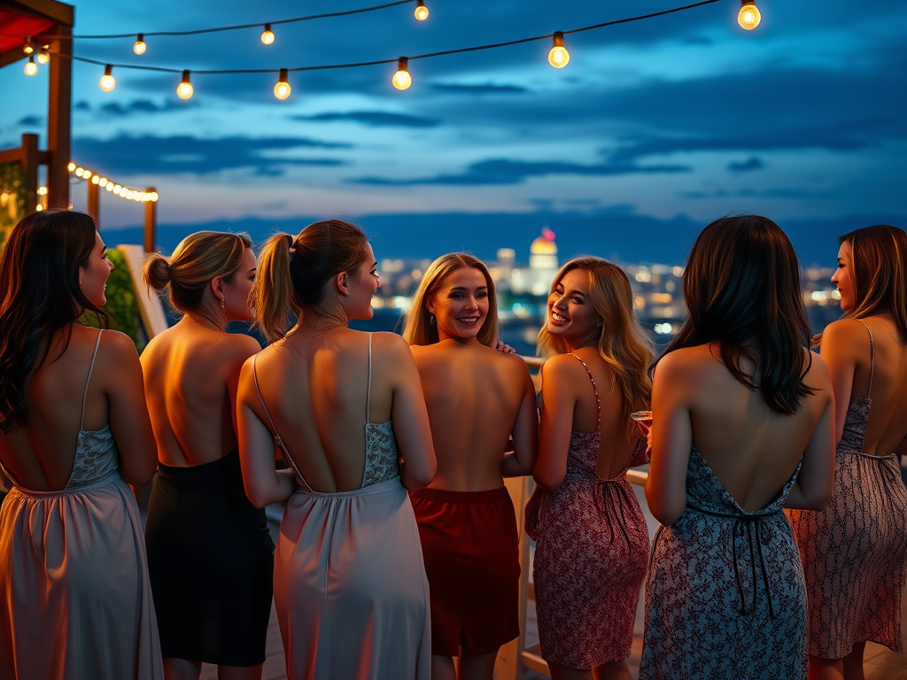 Un groupe de femmes souriantes, dos à la caméra, sur une terrasse illuminée avec vue sur la ville au crépuscule.